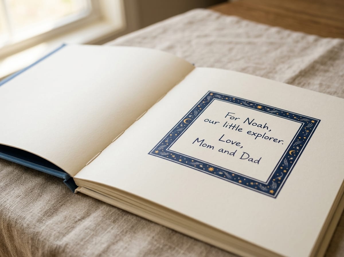 Close-up of the printed dedication page and bookplate