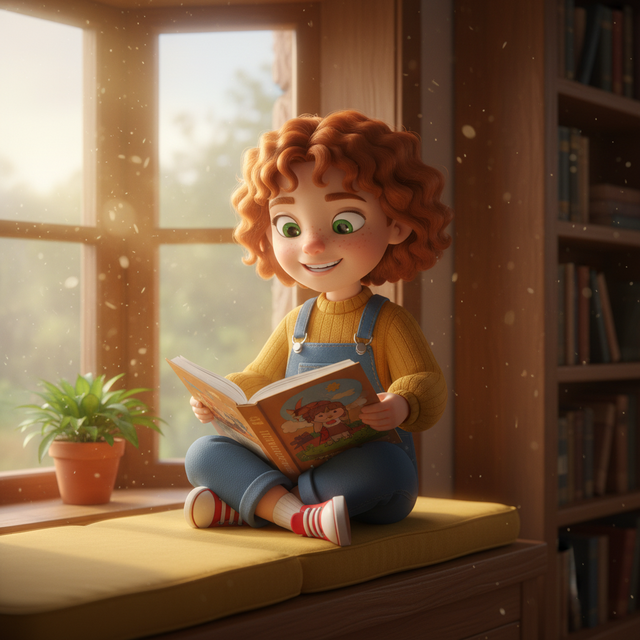 The same illustrated child reading in a sunny window seat