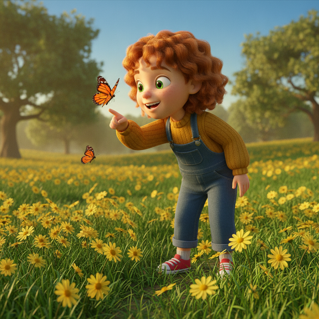 The same illustrated child exploring a flower meadow