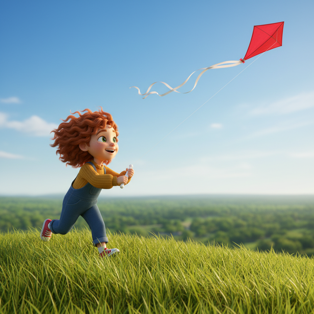 The same illustrated child flying a red kite on a hill