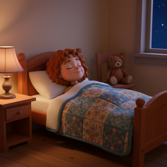 The same illustrated child asleep at bedtime